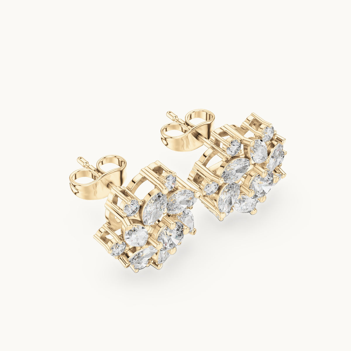 Marquise and round lab-grown diamond floral halo stud earrings in yellow gold, 1.94 CT TW, view 2