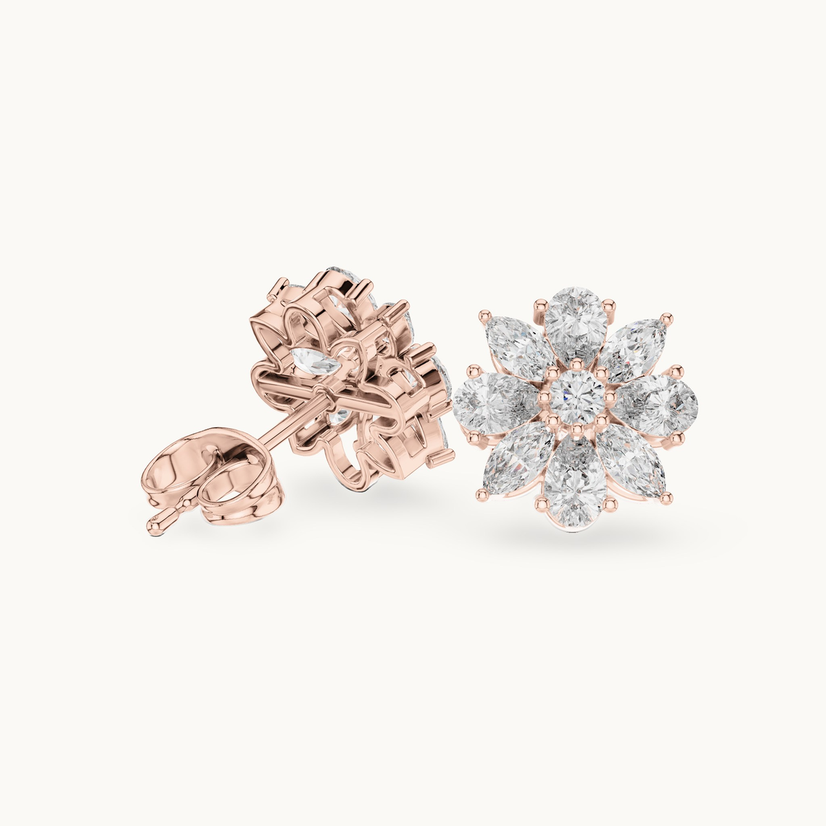 Pear, marquise and round lab-grown diamond flower cluster stud earrings in 14K rose gold, 1.24 CT TW, view 1
