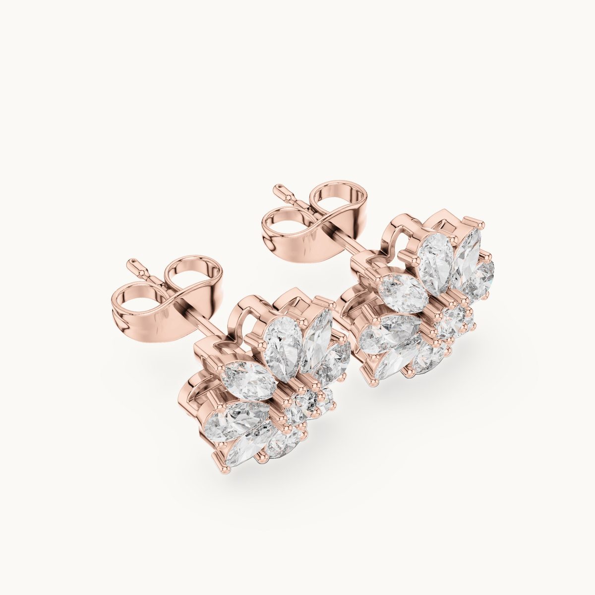 Pear, marquise and round lab-grown diamond flower cluster stud earrings in 14K rose gold, 1.24 CT TW, view 2