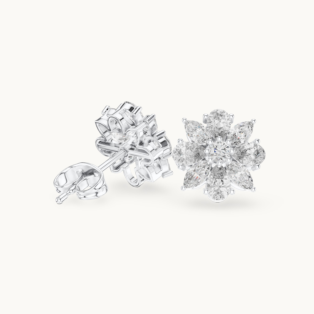 Pear, marquise and round lab-grown diamond flower cluster stud earrings in 14K white gold, 1.24 CT TW, view 1