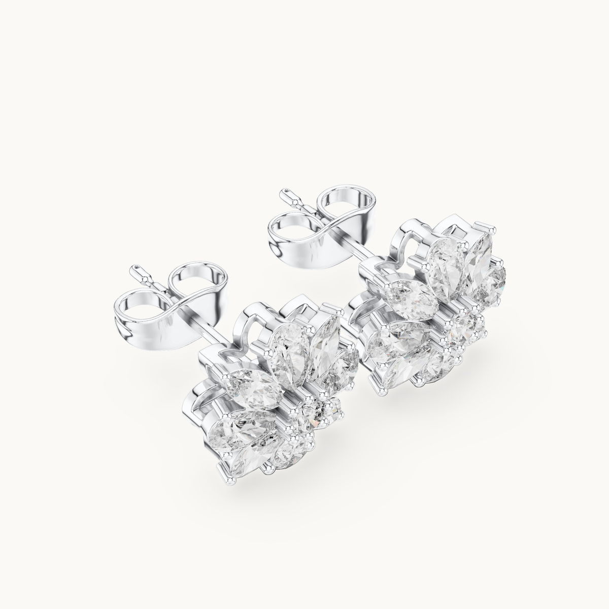 Pear, marquise and round lab-grown diamond flower cluster stud earrings in 14K white gold, 1.24 CT TW, view 2