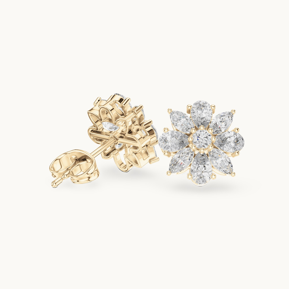 Pear, marquise and round lab-grown diamond flower cluster stud earrings in 14K yellow gold, 1.24 CT TW, view 1