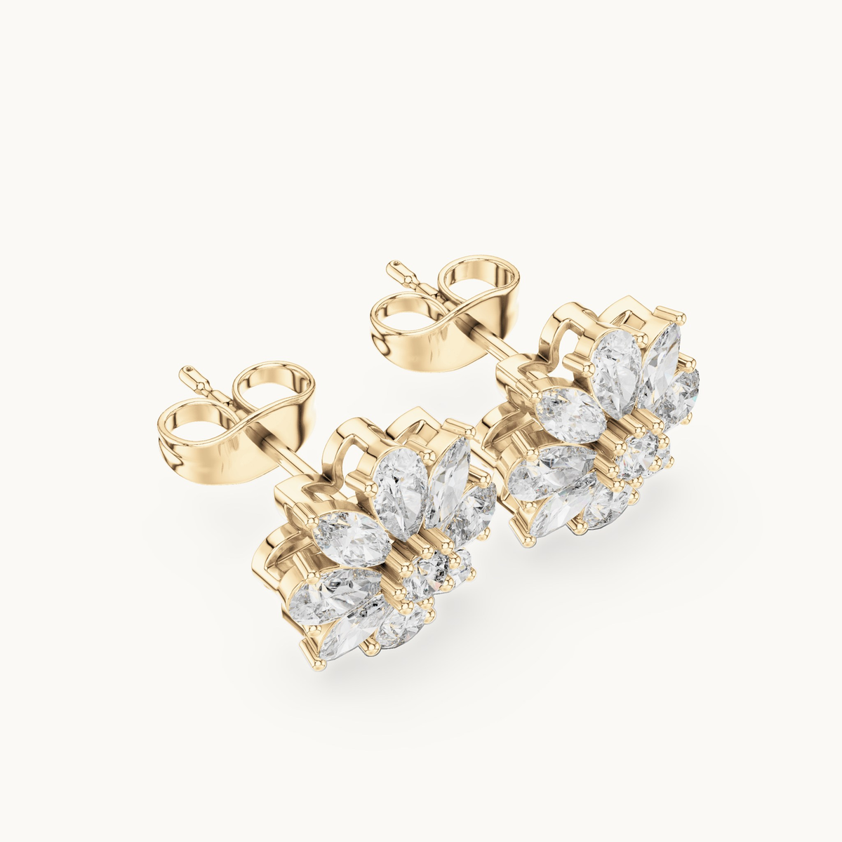 Pear, marquise and round lab-grown diamond flower cluster stud earrings in 14K yellow gold, 1.24 CT TW, view 2