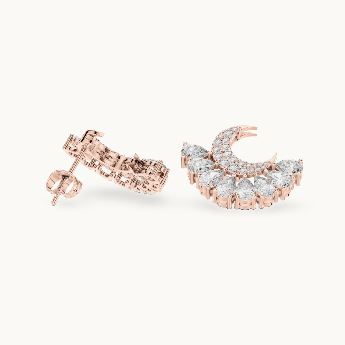Pear and round lab-grown diamond crescent fan earrings in rose gold, 2.64 CT TW, view 1