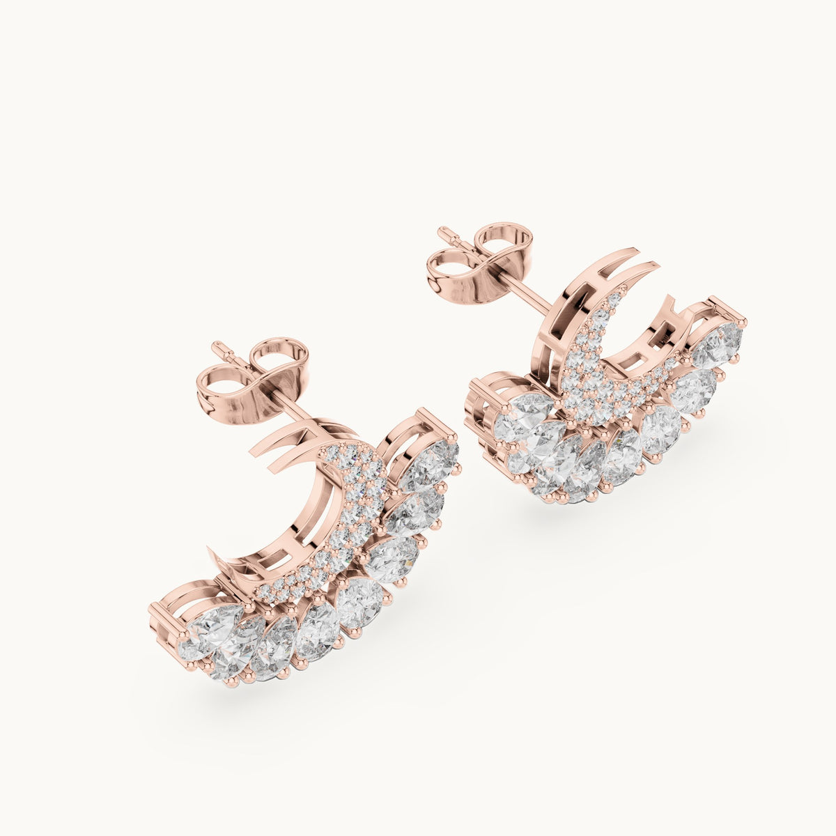Pear and round lab-grown diamond crescent fan earrings in rose gold, 2.64 CT TW, view 2
