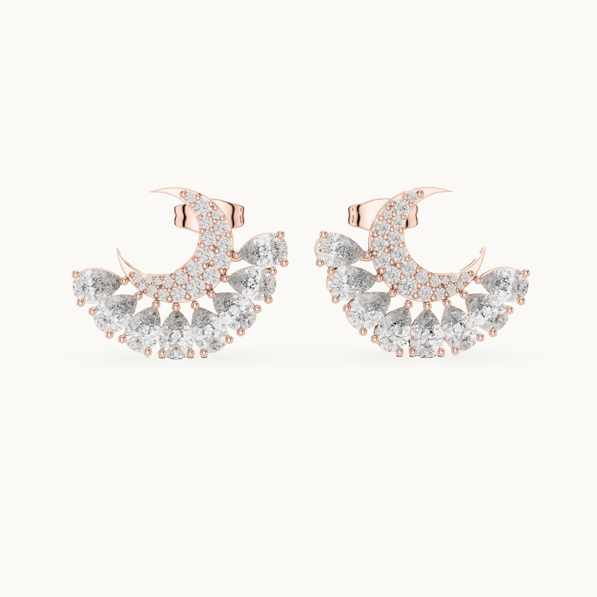 Pear and round lab-grown diamond crescent fan earrings in rose gold, 2.64 CT TW, view 4