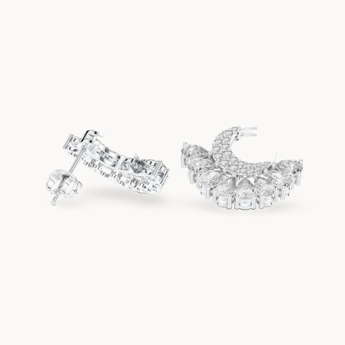 Pear and round lab-grown diamond crescent fan earrings in white gold, 2.64 CT TW, view 1