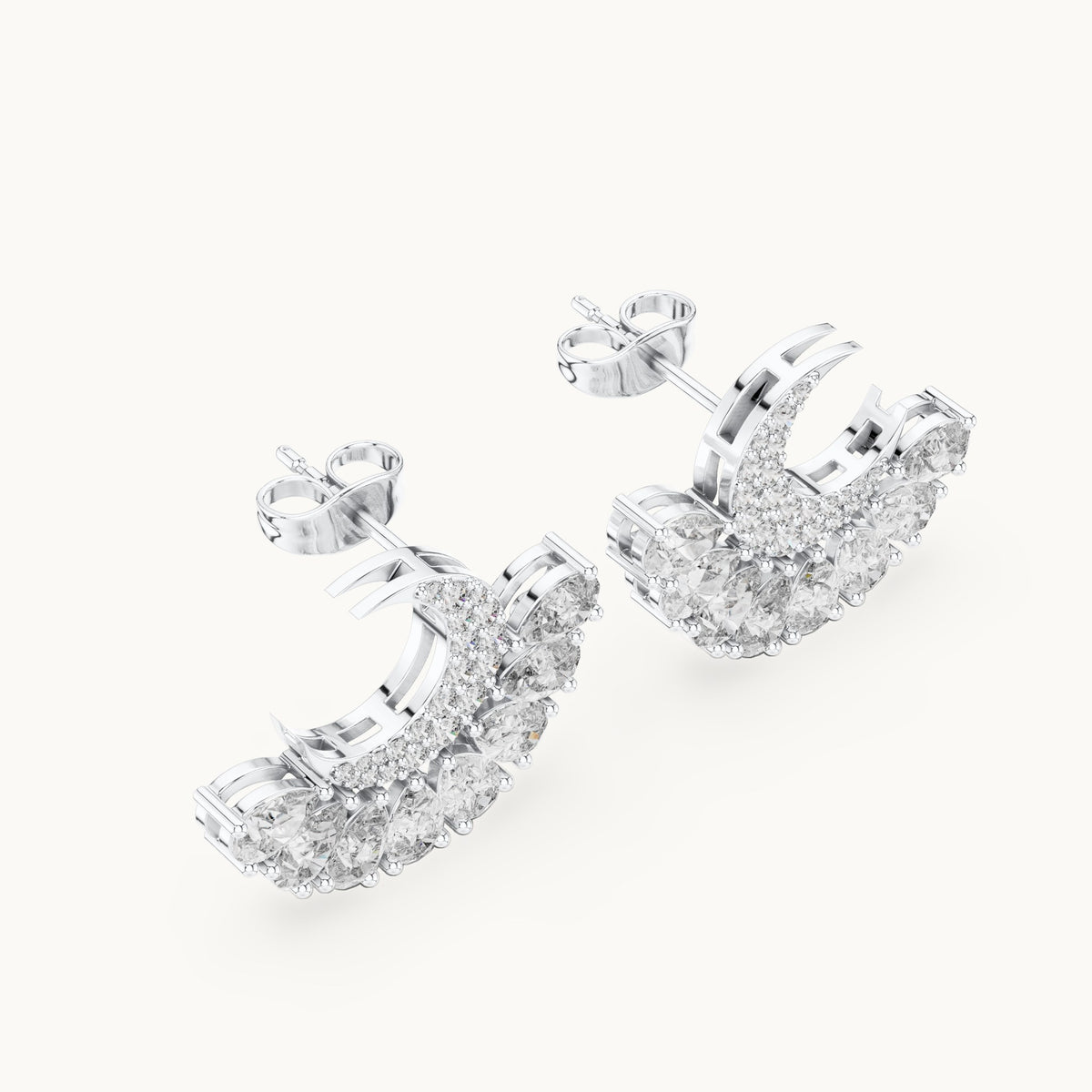 Pear and round lab-grown diamond crescent fan earrings in white gold, 2.64 CT TW, view 2