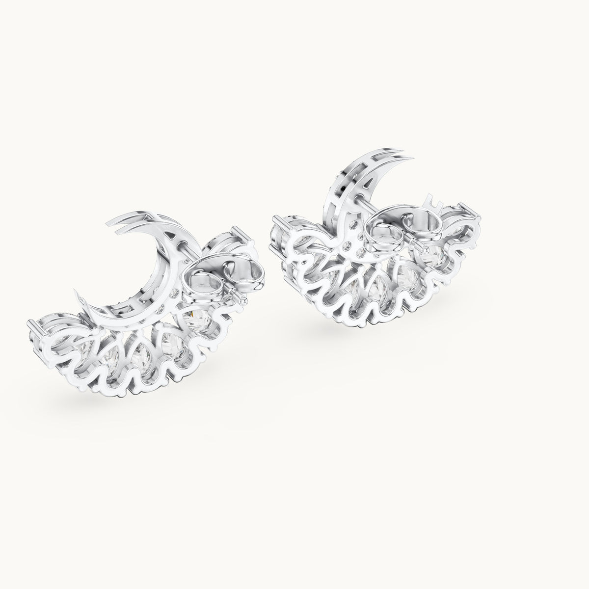 Pear and round lab-grown diamond crescent fan earrings in white gold, 2.64 CT TW, view 3