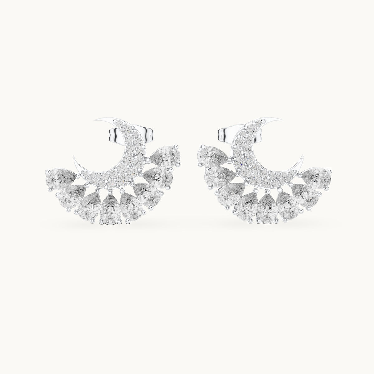 Pear and round lab-grown diamond crescent fan earrings in white gold, 2.64 CT TW, view 4