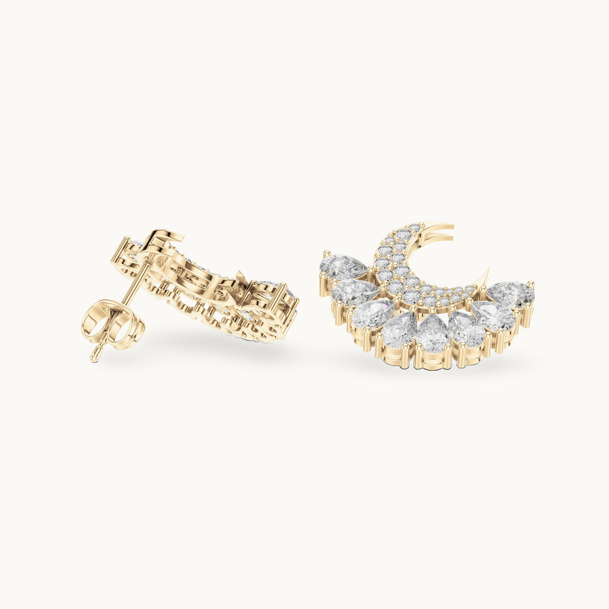 Pear and round lab-grown diamond crescent fan earrings in yellow gold, 2.64 CT TW, view 1