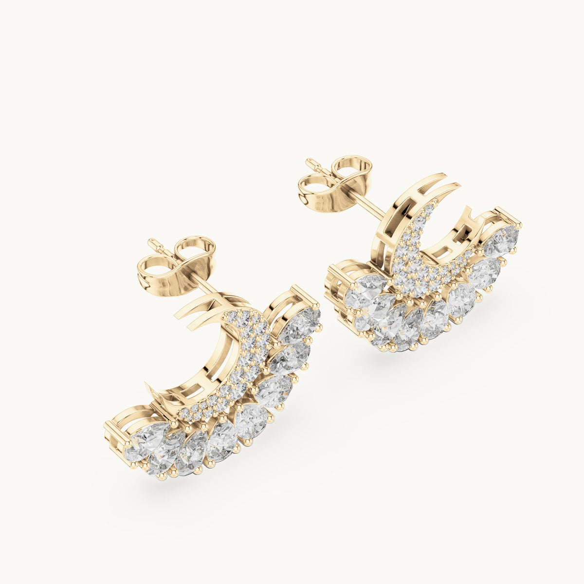 Pear and round lab-grown diamond crescent fan earrings in yellow gold, 2.64 CT TW, view 2