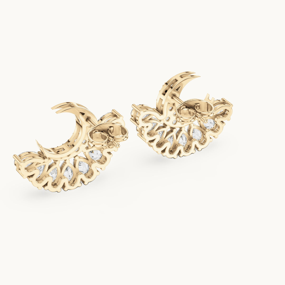 Pear and round lab-grown diamond crescent fan earrings in yellow gold, 2.64 CT TW, view 3