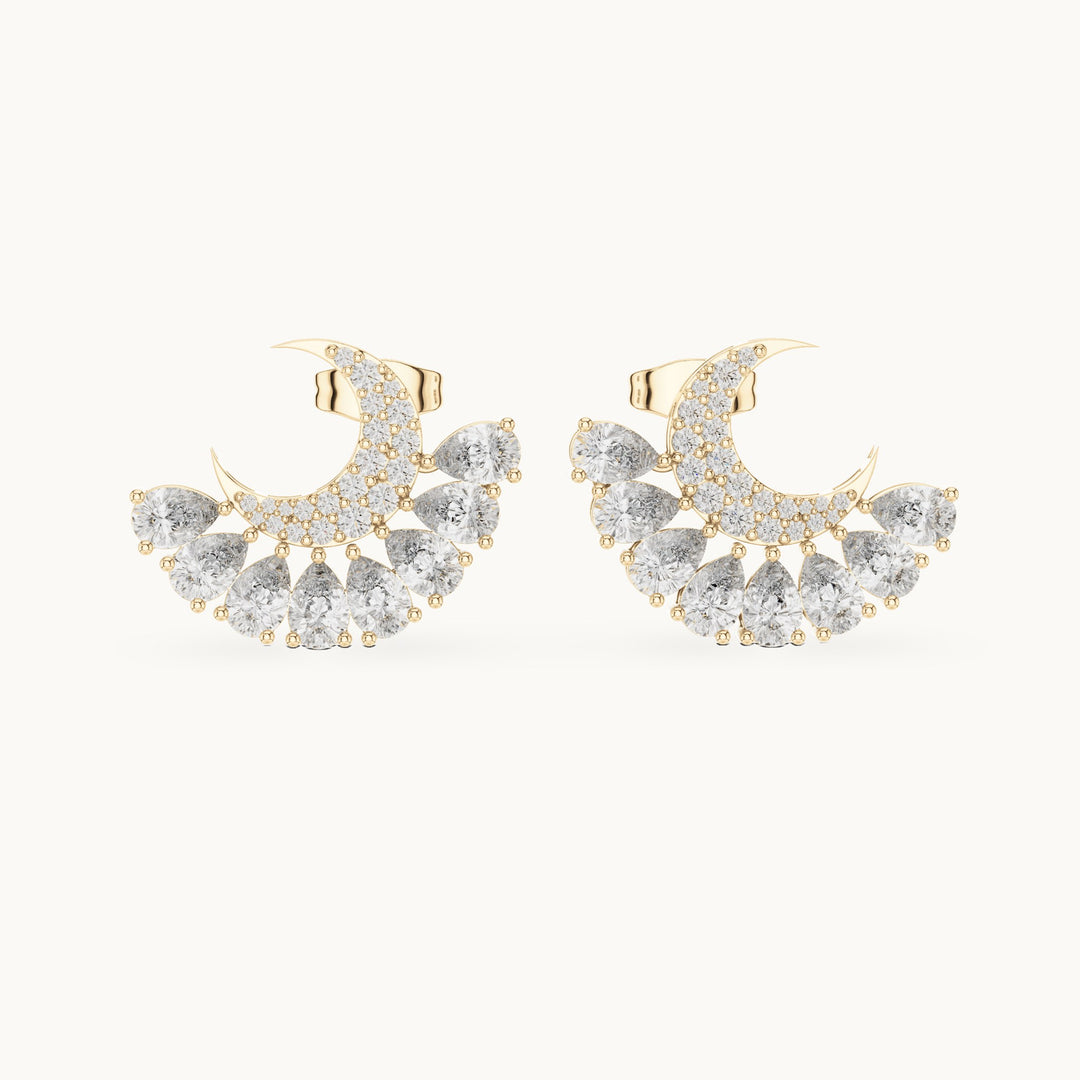 Pear and round lab-grown diamond crescent fan earrings in yellow gold, 2.64 CT TW, view 4