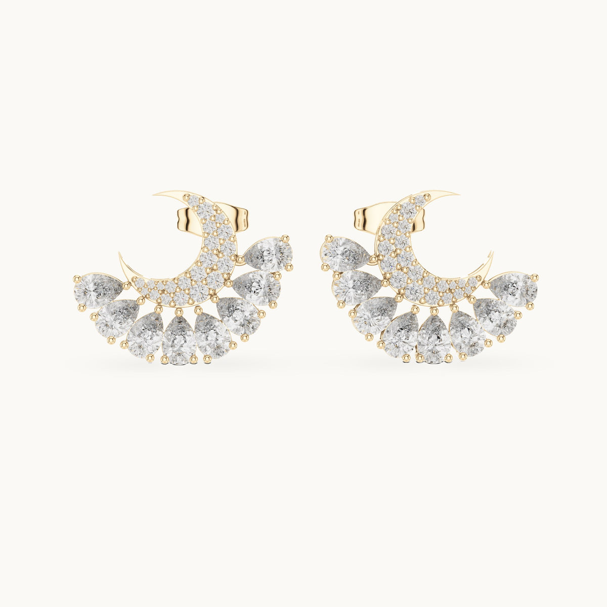 Pear and round lab-grown diamond crescent fan earrings in yellow gold, 2.64 CT TW, view 4