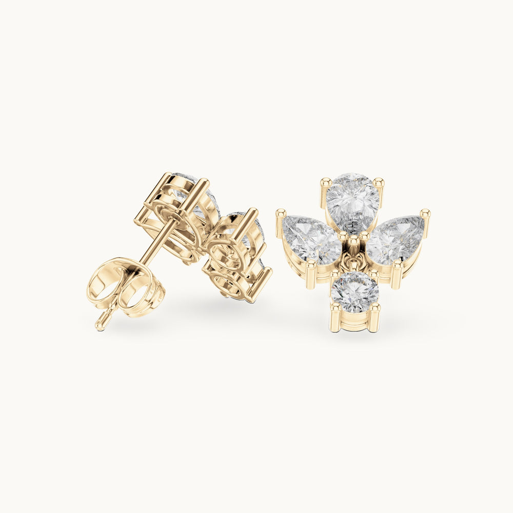 Pear and round lab-grown diamond petal cluster earrings in yellow gold, 1.92 CT TW, view 1