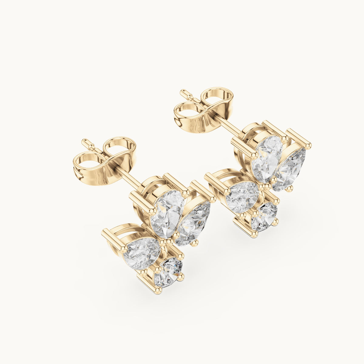 Pear and round lab-grown diamond petal cluster earrings in yellow gold, 1.92 CT TW, view 2