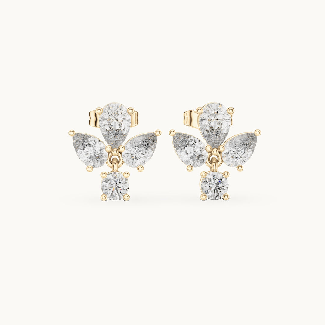 Pear and round lab-grown diamond petal cluster earrings in yellow gold, 1.92 CT TW, view 4