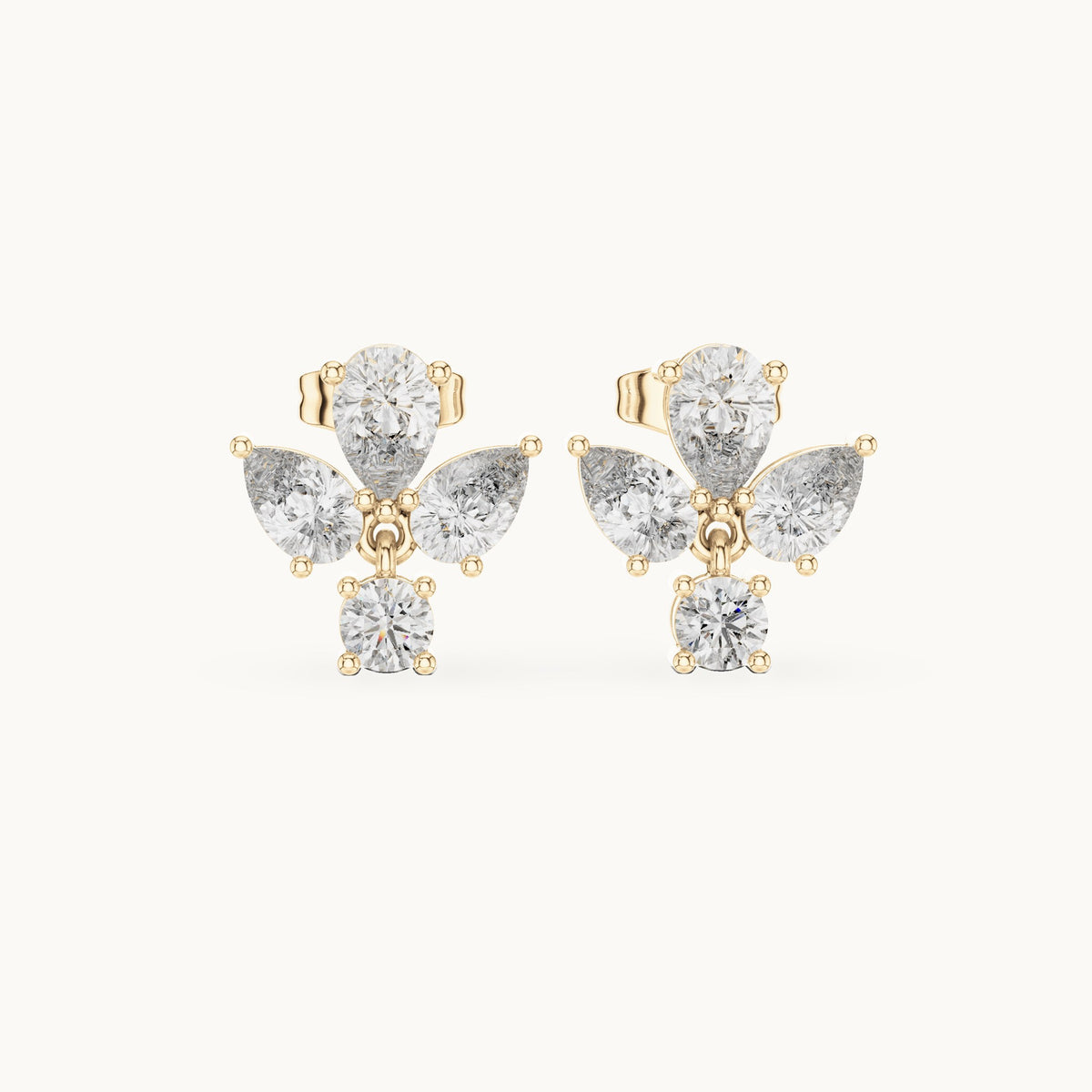 Pear and round lab-grown diamond petal cluster earrings in yellow gold, 1.92 CT TW, view 4