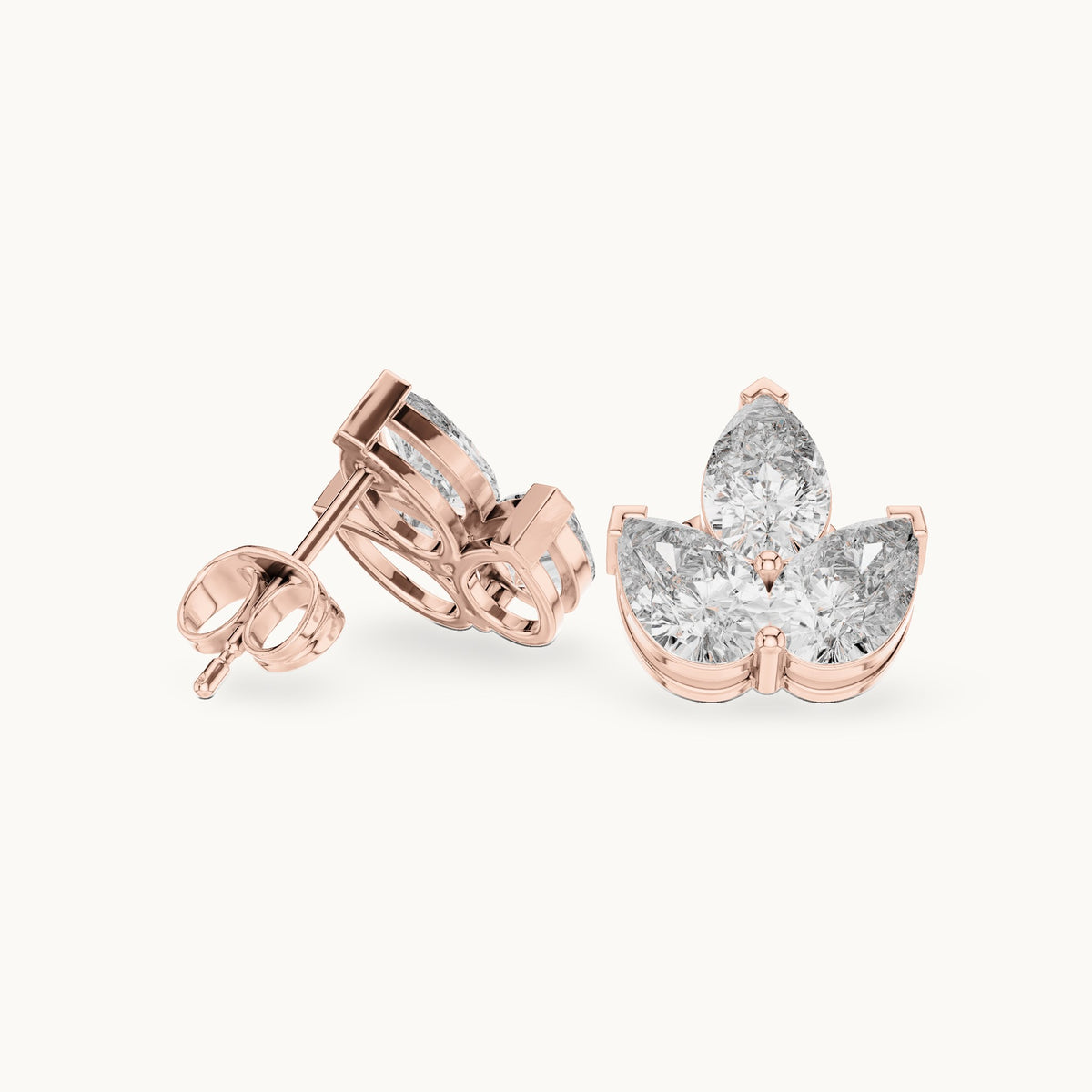 Pear lab-grown diamond three-stone cluster stud earrings in rose gold, 2.94 CT TW, view 1