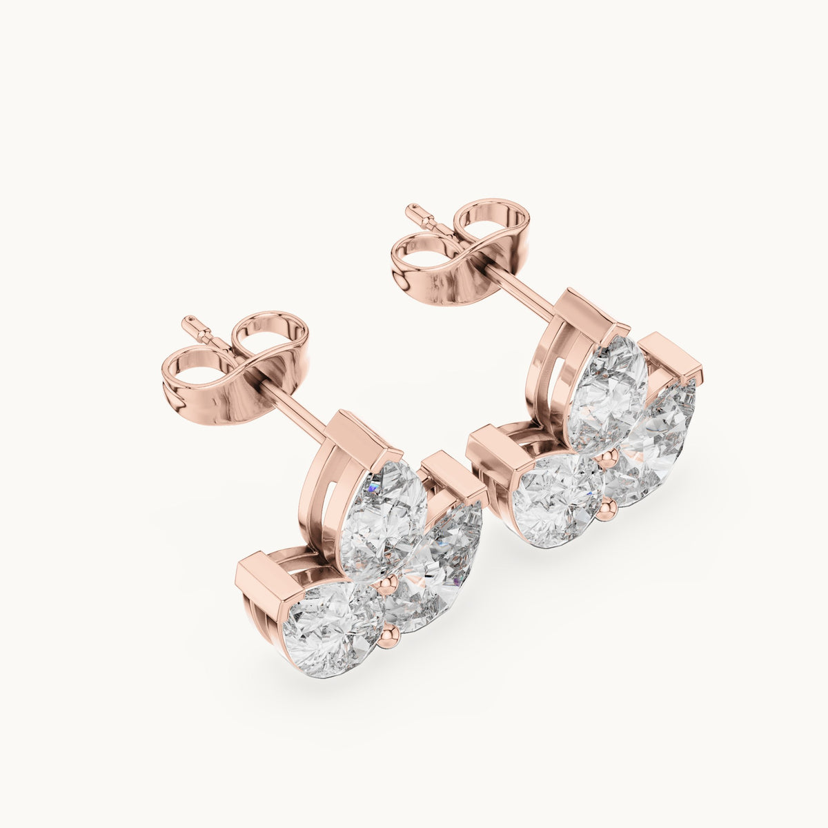 Pear lab-grown diamond three-stone cluster stud earrings in rose gold, 2.94 CT TW, view 2