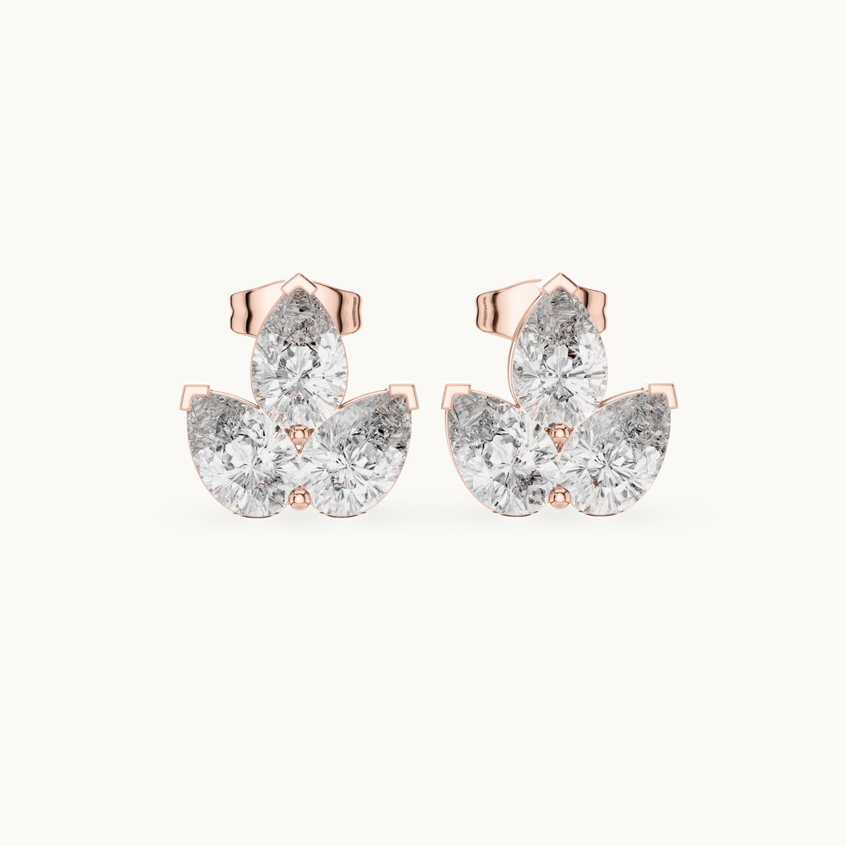 Pear lab-grown diamond three-stone cluster stud earrings in rose gold, 2.94 CT TW, view 4