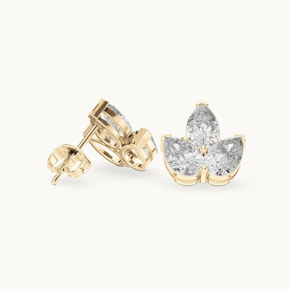 Pear lab-grown diamond three-stone cluster stud earrings in yellow gold, 2.94 CT TW, view 1