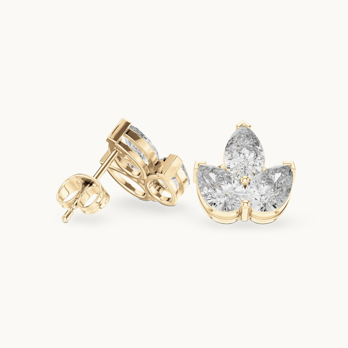 Pear lab-grown diamond three-stone cluster stud earrings in yellow gold, 2.94 CT TW, view 1
