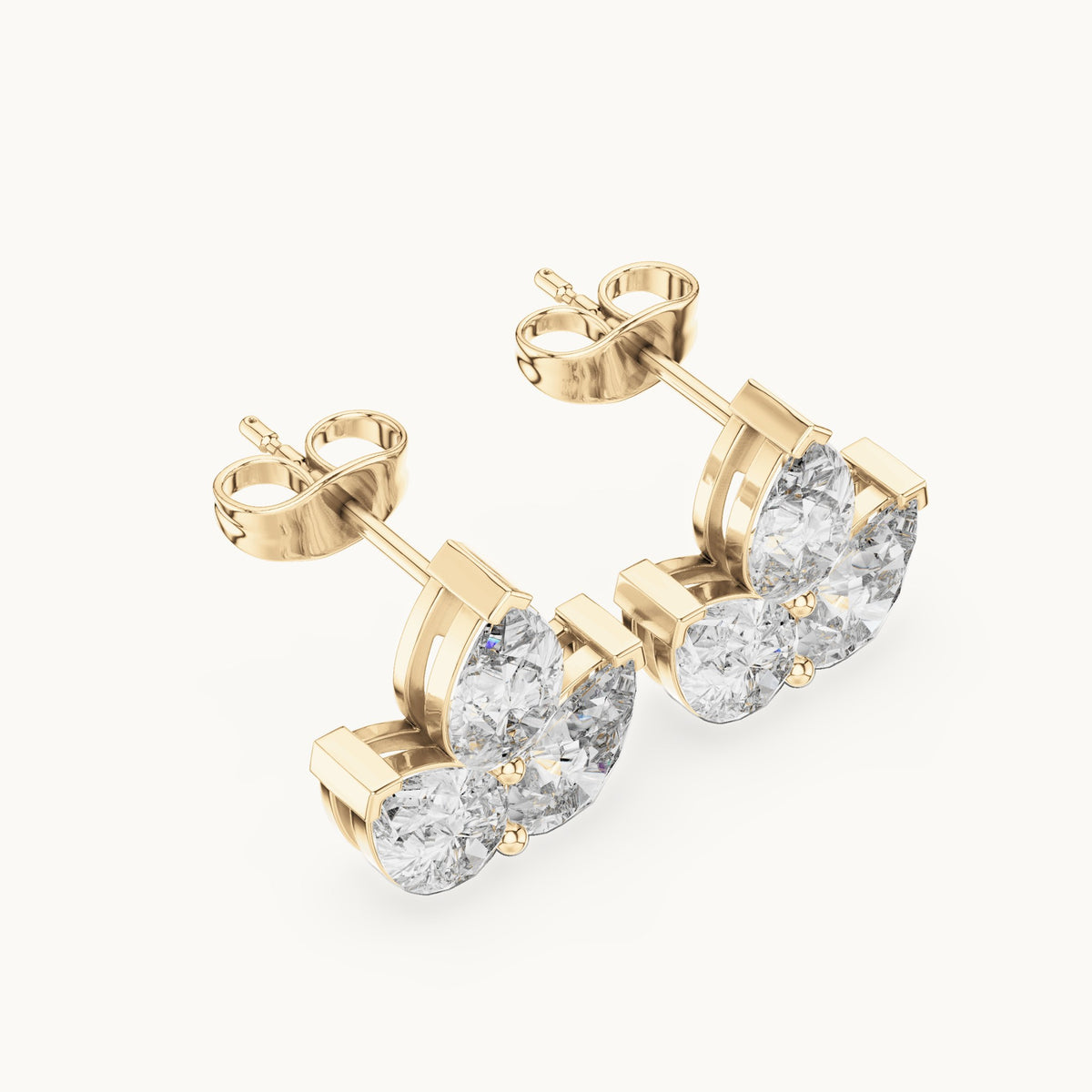 Pear lab-grown diamond three-stone cluster stud earrings in yellow gold, 2.94 CT TW, view 2