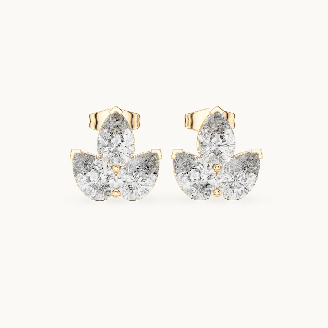 Pear lab-grown diamond three-stone cluster stud earrings in yellow gold, 2.94 CT TW, view 4