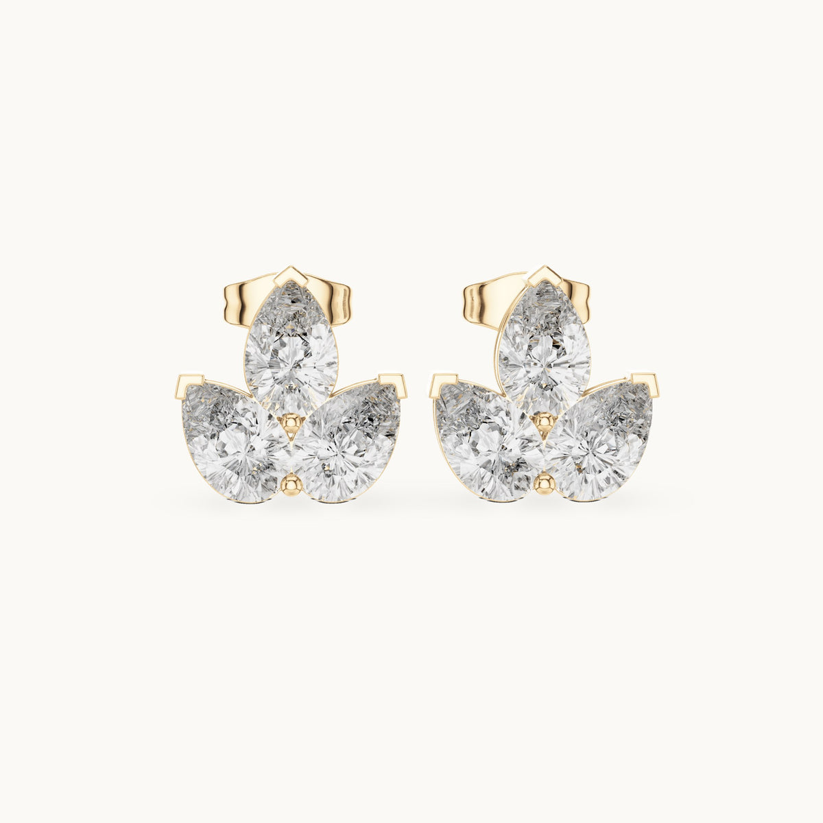 Pear lab-grown diamond three-stone cluster stud earrings in yellow gold, 2.94 CT TW, view 4