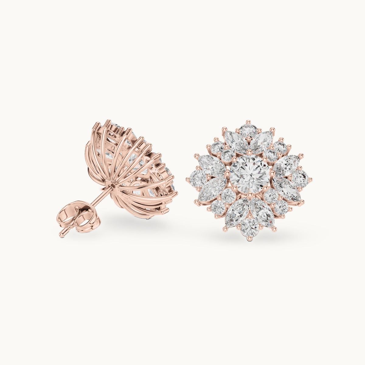 Round and marquise lab-grown diamond layered flower cluster stud earrings in rose gold, 4.12 CT TW, view 1