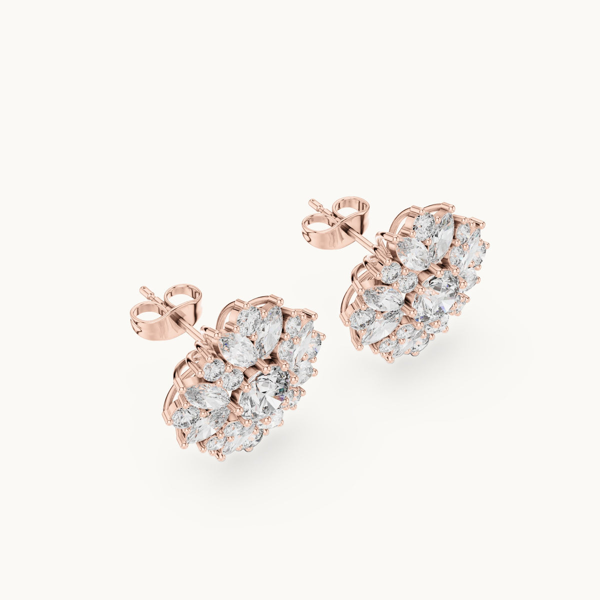 Round and marquise lab-grown diamond layered flower cluster stud earrings in rose gold, 4.12 CT TW, view 2