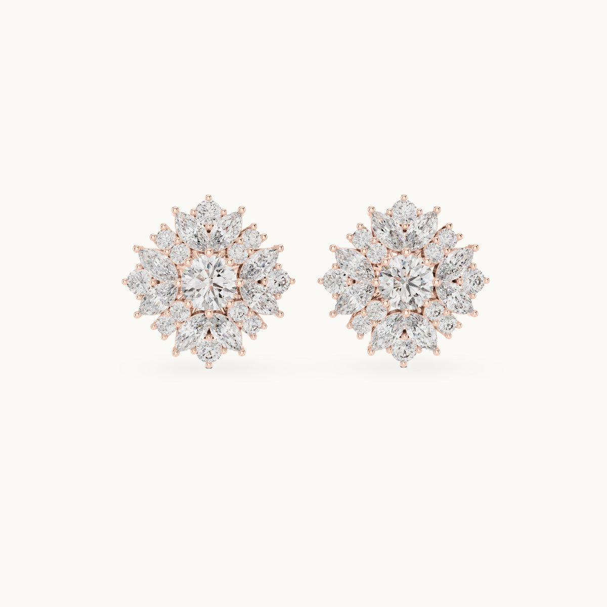 Round and marquise lab-grown diamond layered flower cluster stud earrings in rose gold, 4.12 CT TW, view 4