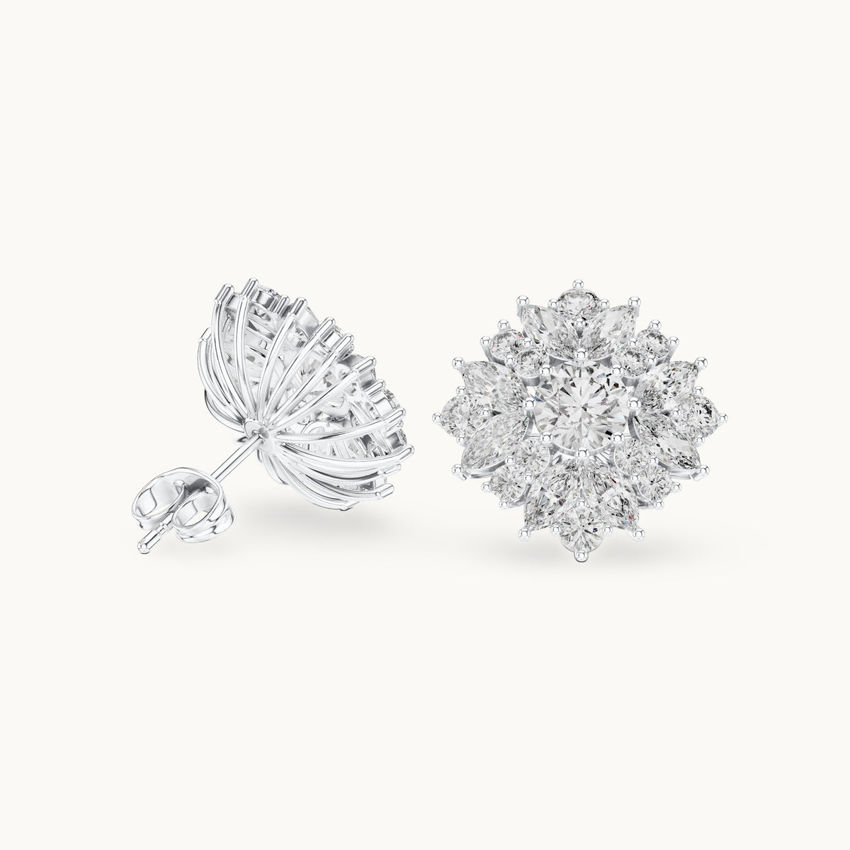 Round and marquise lab-grown diamond layered flower cluster stud earrings in white gold, 4.12 CT TW, view 1