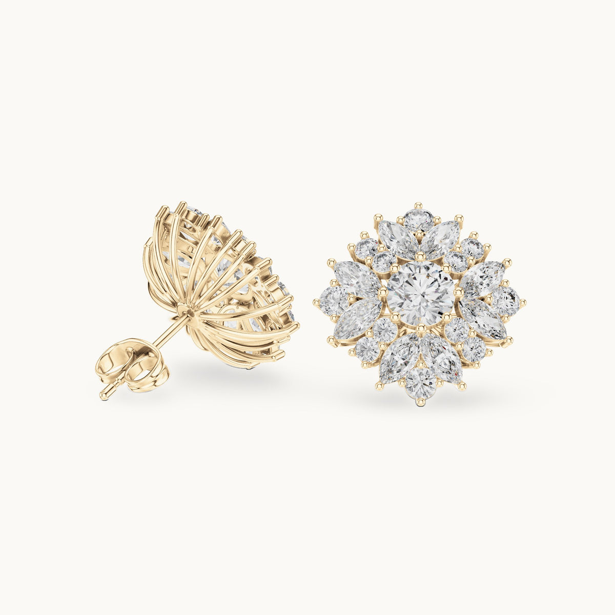 Round and marquise lab-grown diamond layered flower cluster stud earrings in yellow gold, 4.12 CT TW, view 1