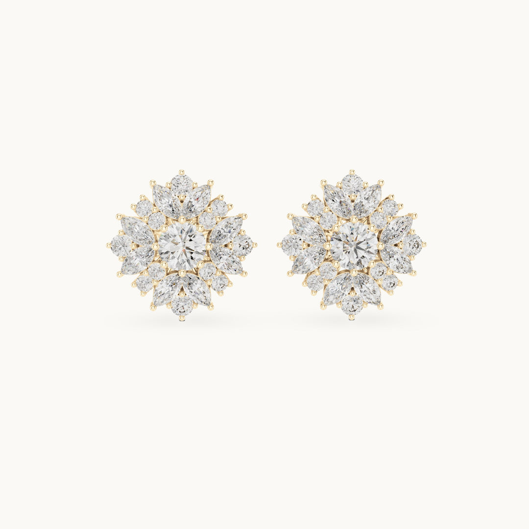 Round and marquise lab-grown diamond layered flower cluster stud earrings in yellow gold, 4.12 CT TW, view 4