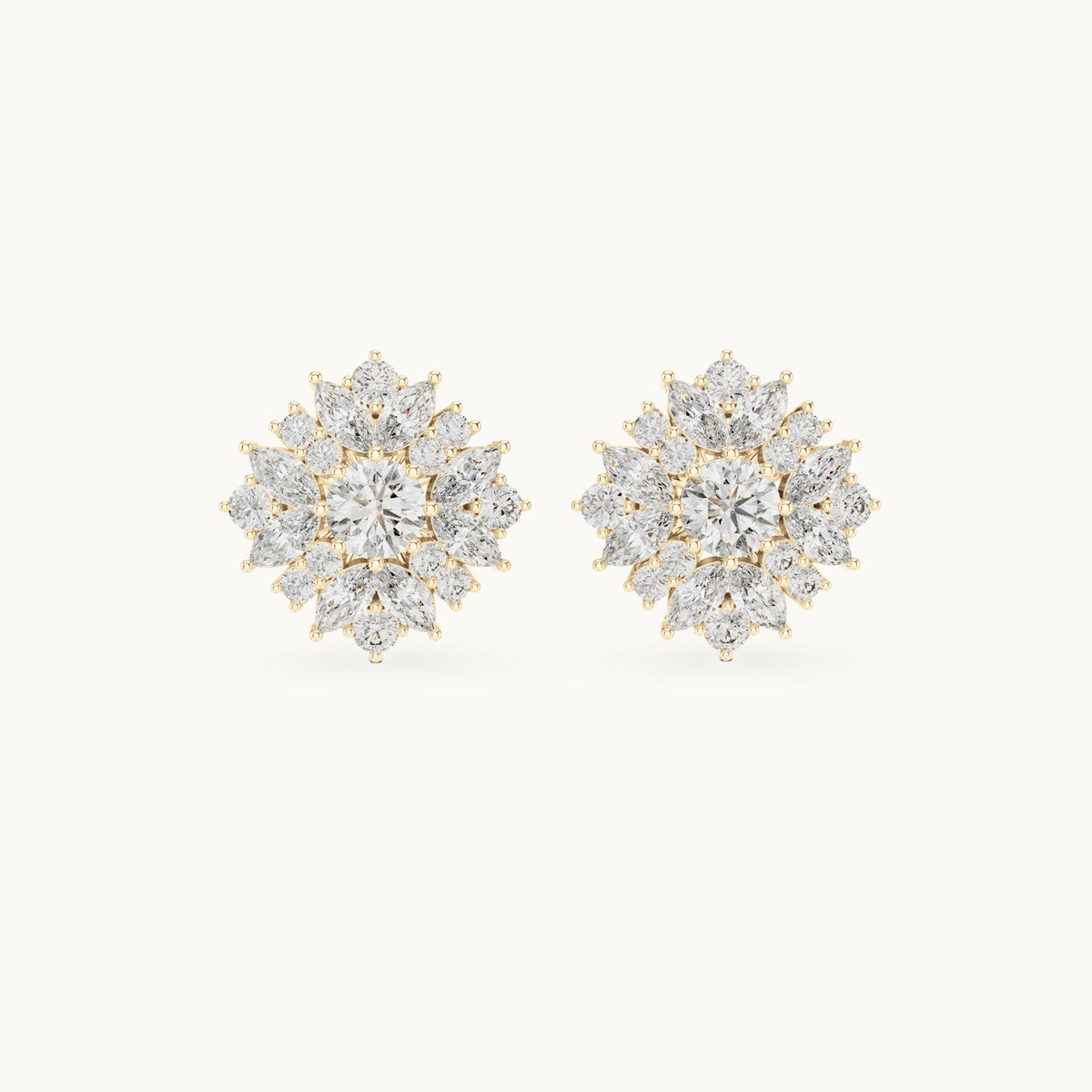 Round and marquise lab-grown diamond layered flower cluster stud earrings in yellow gold, 4.12 CT TW, view 4