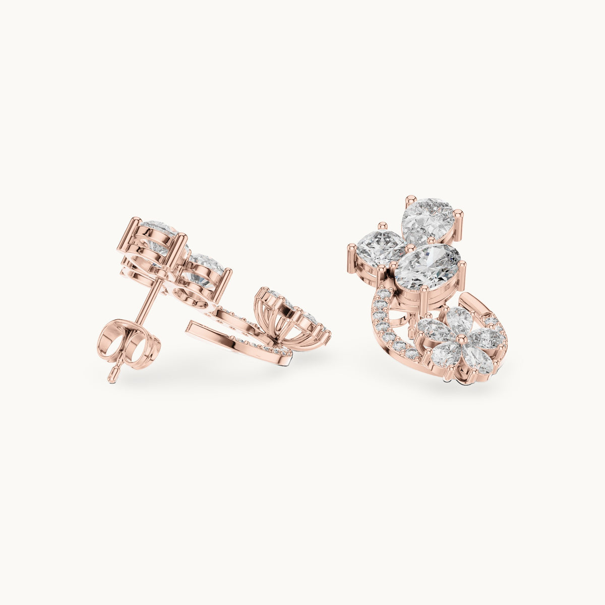 Pear, oval and cushion-cut lab-grown diamond cluster and pear flower loop earrings in rose gold, 4.33 CT TW, view 1