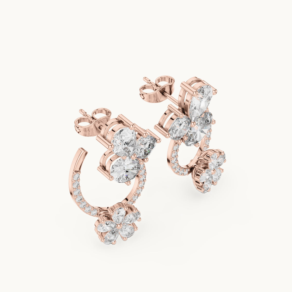 Pear, oval and cushion-cut lab-grown diamond cluster and pear flower loop earrings in rose gold, 4.33 CT TW, view 2