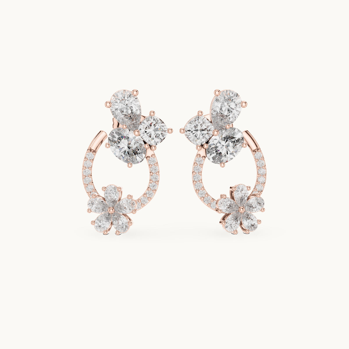 Pear, oval and cushion-cut lab-grown diamond cluster and pear flower loop earrings in rose gold, 4.33 CT TW, view 4