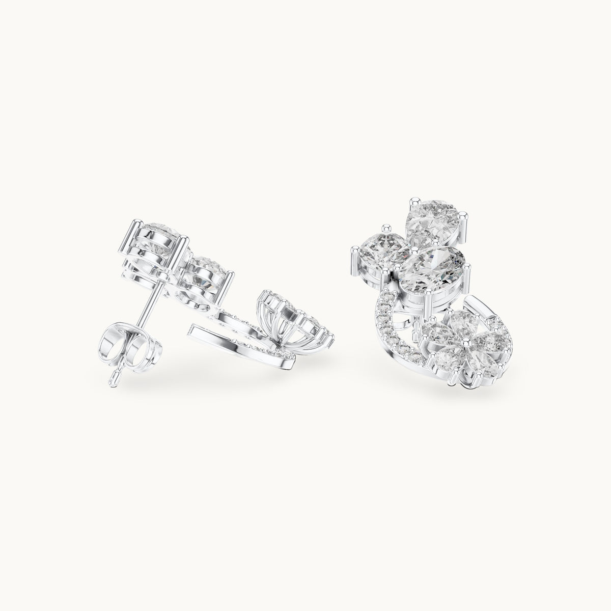 Pear, oval and cushion-cut lab-grown diamond cluster and pear flower loop earrings in white gold, 4.33 CT TW, view 1