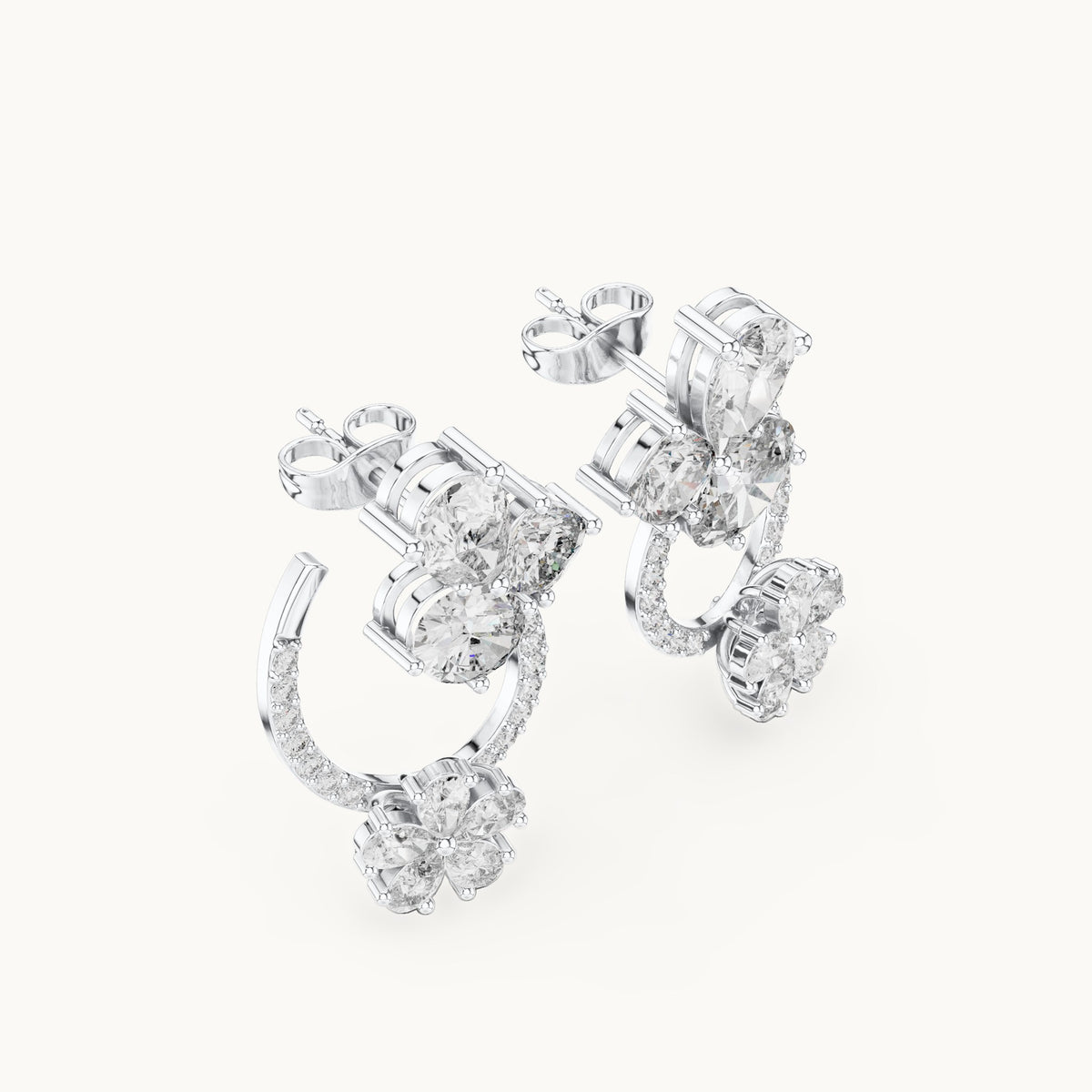 Pear, oval and cushion-cut lab-grown diamond cluster and pear flower loop earrings in white gold, 4.33 CT TW, view 2