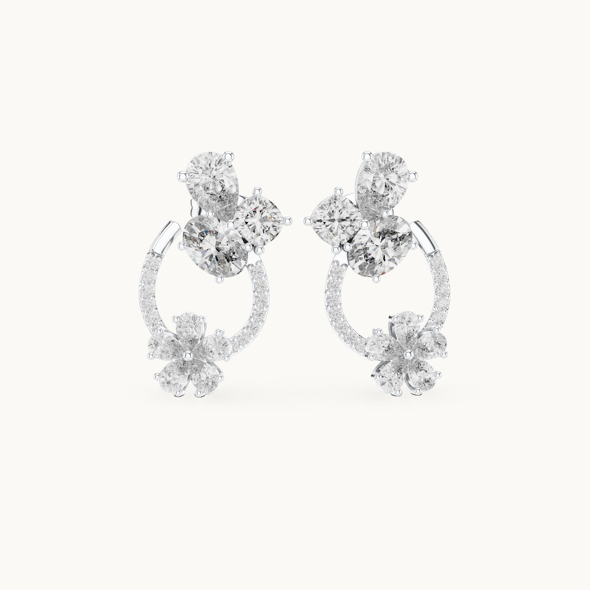 Pear, oval and cushion-cut lab-grown diamond cluster and pear flower loop earrings in white gold, 4.33 CT TW, view 4