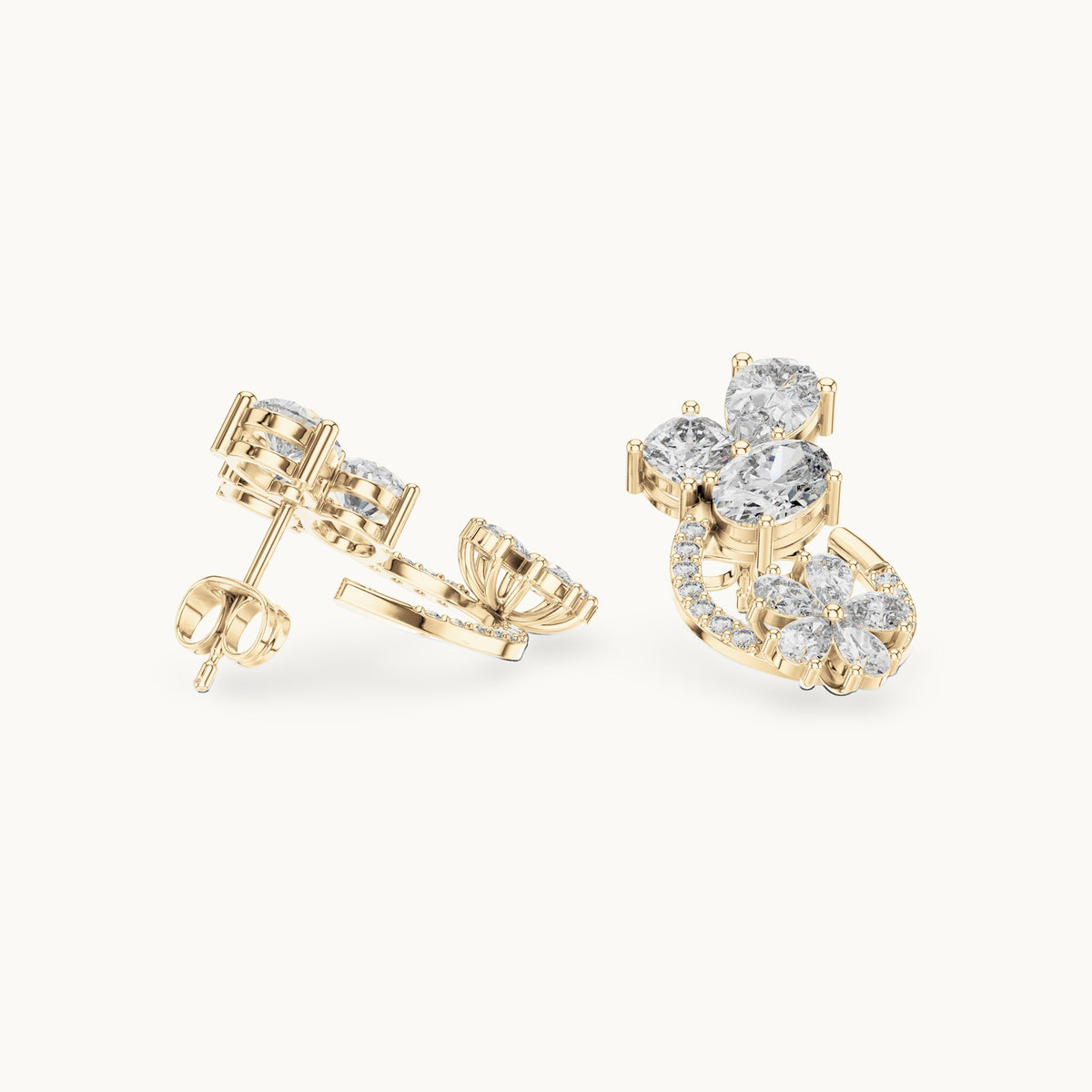 Pear, oval and cushion-cut lab-grown diamond cluster and pear flower loop earrings in yellow gold, 4.33 CT TW, view 1