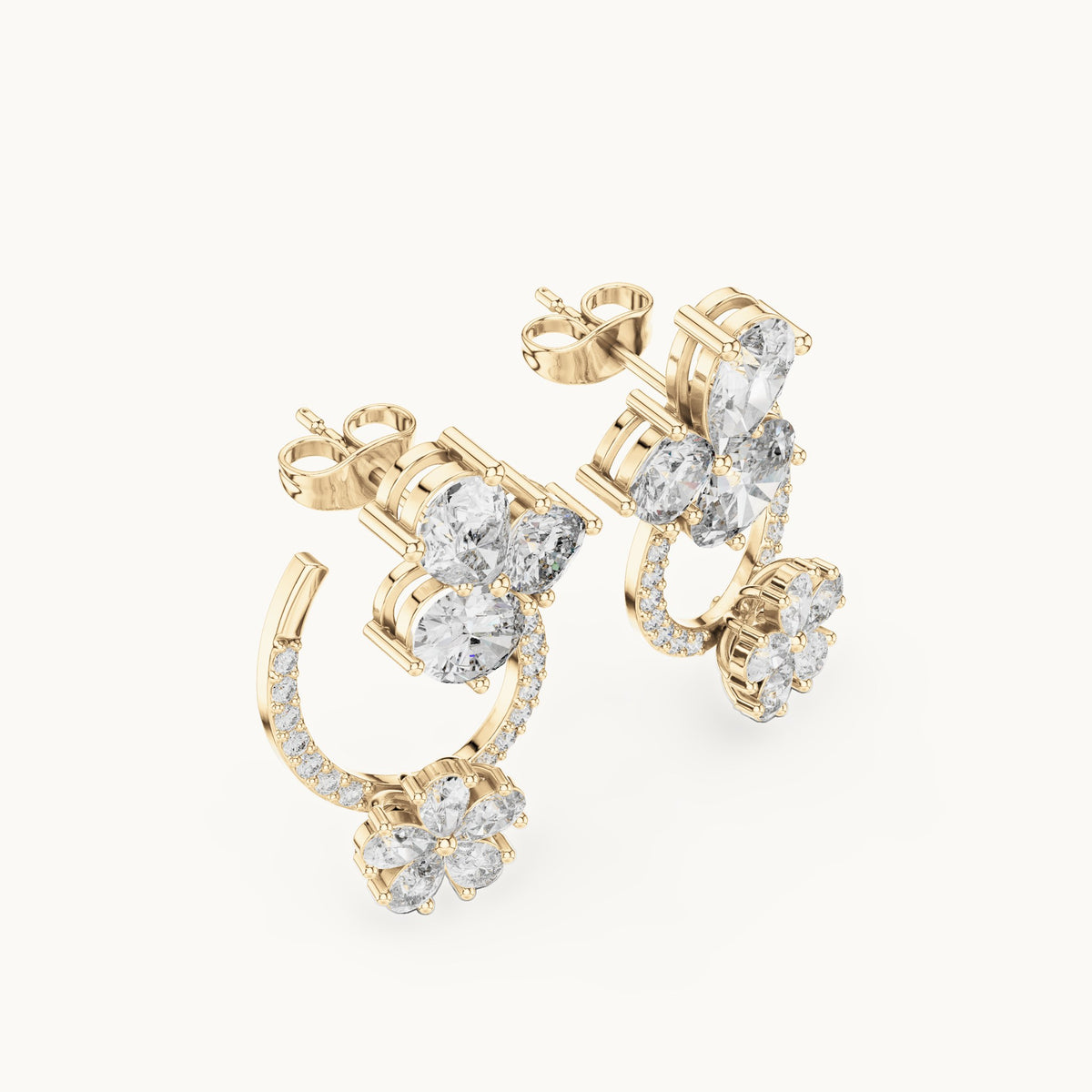 Pear, oval and cushion-cut lab-grown diamond cluster and pear flower loop earrings in yellow gold, 4.33 CT TW, view 2
