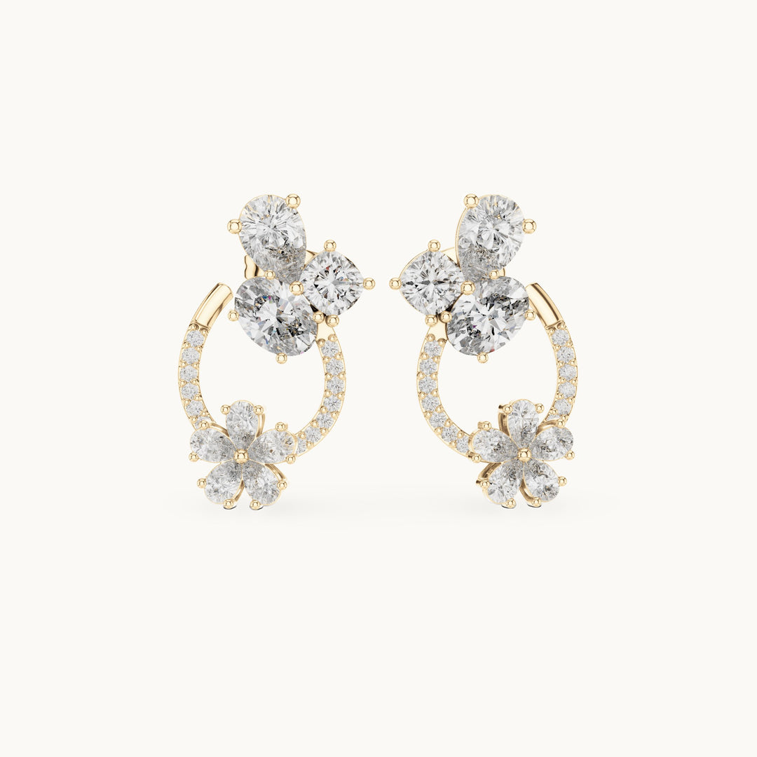 Pear, oval and cushion-cut lab-grown diamond cluster and pear flower loop earrings in yellow gold, 4.33 CT TW, view 4