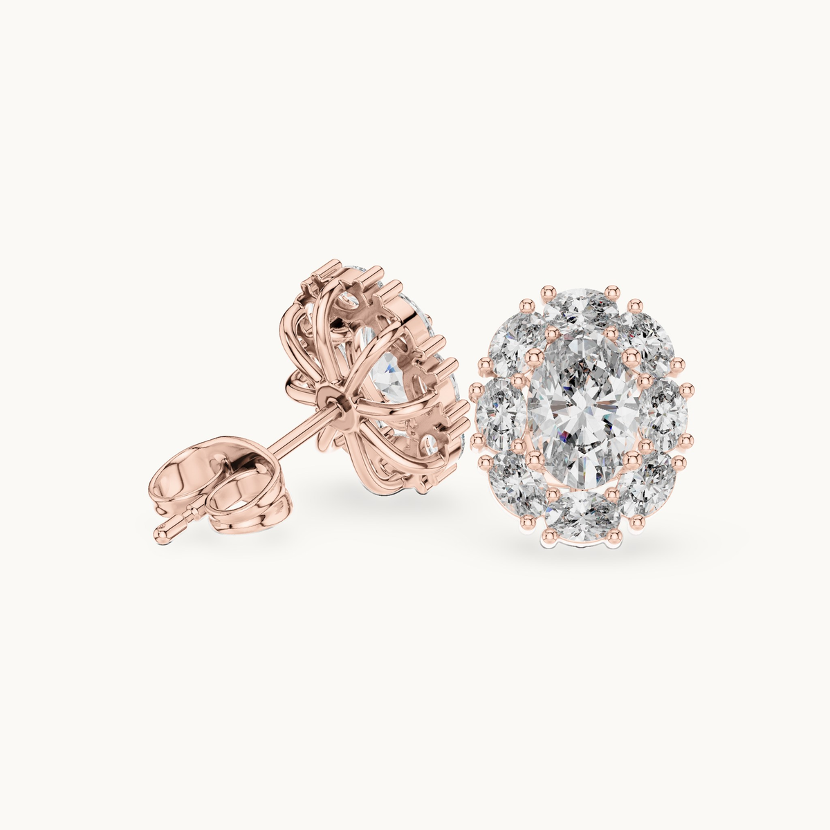 Oval lab-grown diamond halo stud earrings in 14K rose gold, 1.69 CT TW, view 1