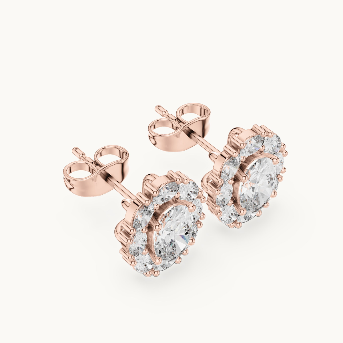 Oval lab-grown diamond halo stud earrings in 14K rose gold, 1.69 CT TW, view 2