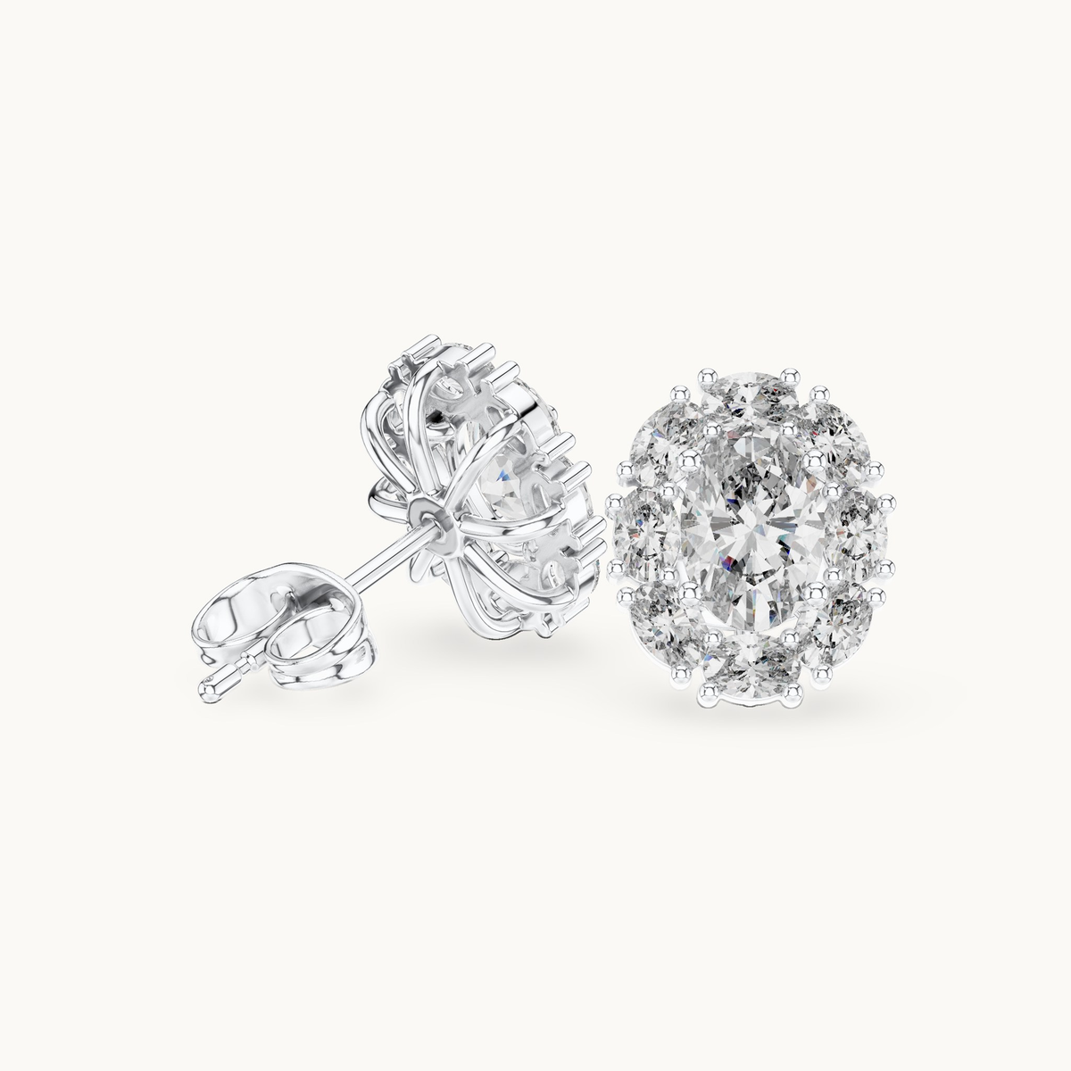 Oval lab-grown diamond halo stud earrings in 14K white gold, 1.69 CT TW, view 1